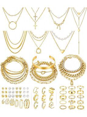 73 Pcs Elegant Gold Jewelry Set for Women - Necklaces, Bracelets, Rings